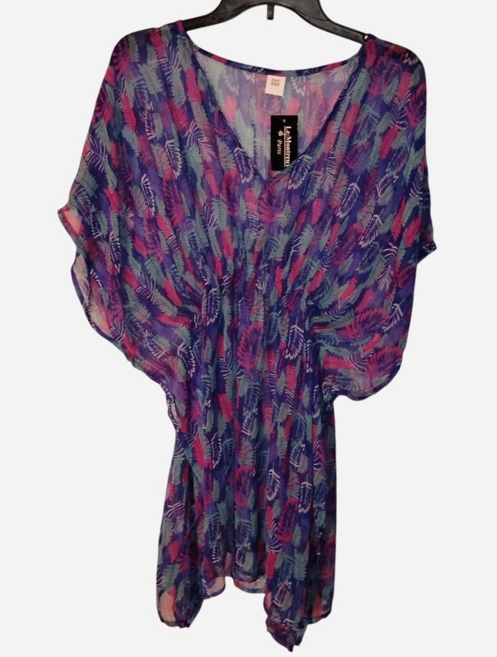Le Montreux Paris One Size Feather Print Caftan Tunic Cover-Up Blue/Pink